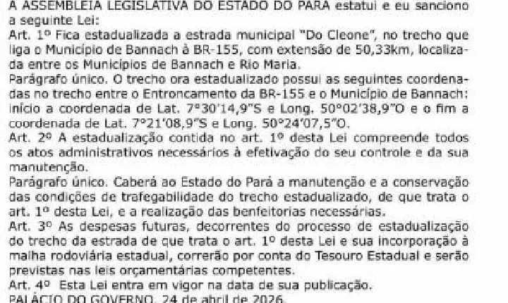 Agora é lei: estrada que liga Bannach à BR-155 já está estadualizada e vai receber asfalto