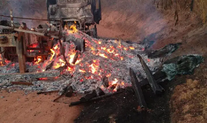 Caminhão carregado de madeira é destruído por incêndio na zona rural de Novo Repartimento