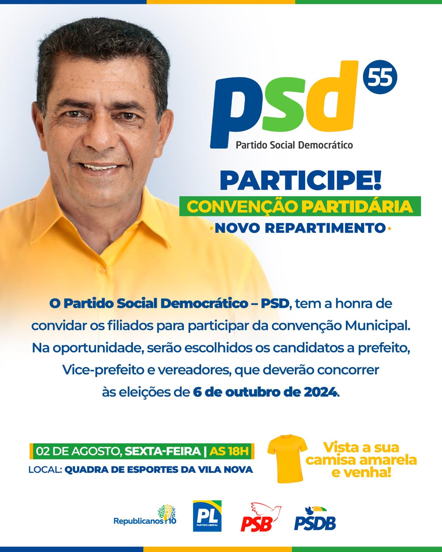 Novo Repartimento: PSD convoca filiados para convenção partidária