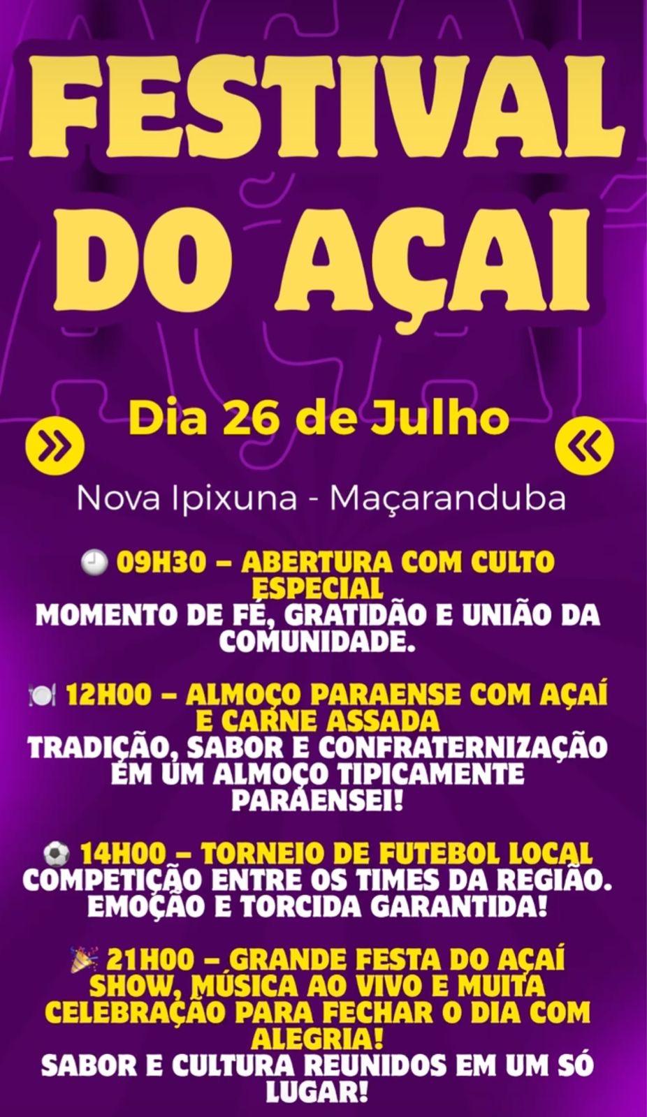 Festival do Açaí promete movimentar a comunidade de Maçaranduba neste 26 de julho