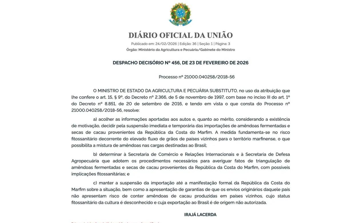 Após articulação de Helder Barbalho em Brasília, Ministério suspende importação de cacau da Costa do Marfim