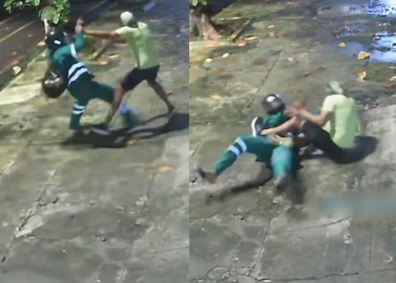Bandidos com roupa de gari rendem casal e entram em luta corporal, em Belém