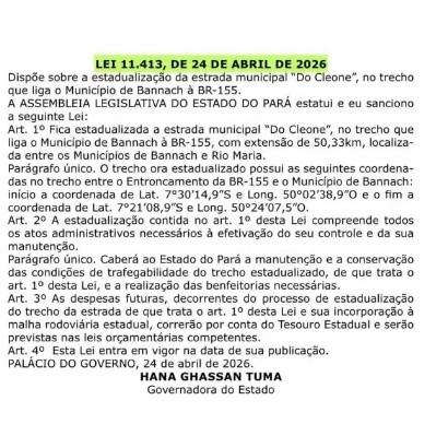 Agora é lei: estrada que liga Bannach à BR-155 já está estadualizada e vai receber asfalto