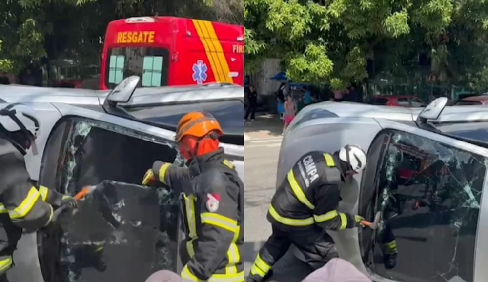 Bombeiros quebram para-brisa para resgatar motorista após capotamento em Belém