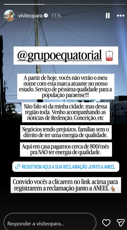 Influenciador do Visite o Pará critica qualidade do serviço e incentiva reclamações contra a Equatorial