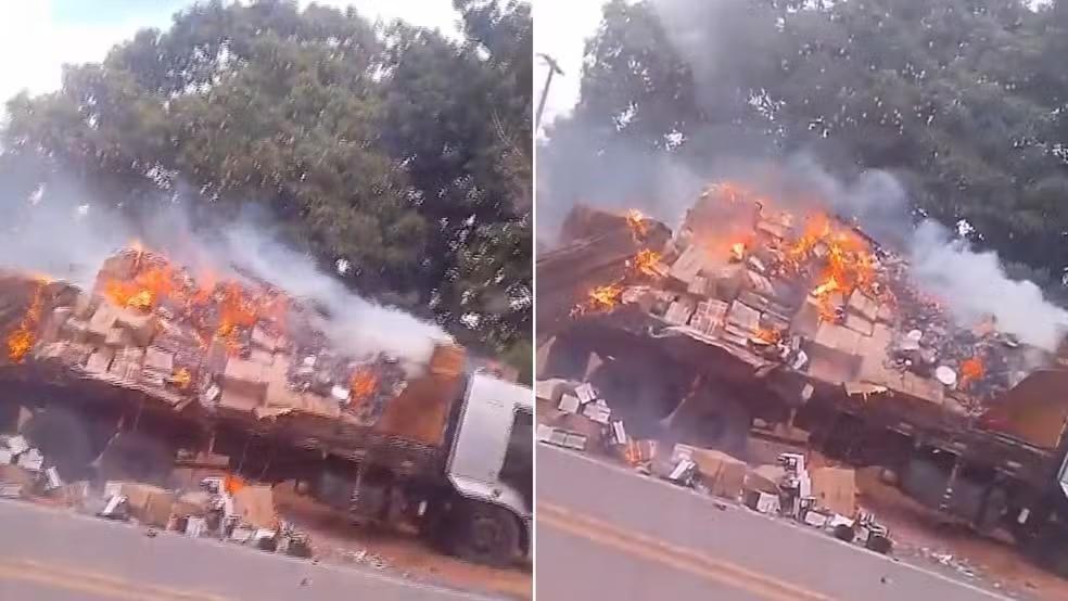 Caminhão carregado com mercadorias pega fogo na BR-222 no MA