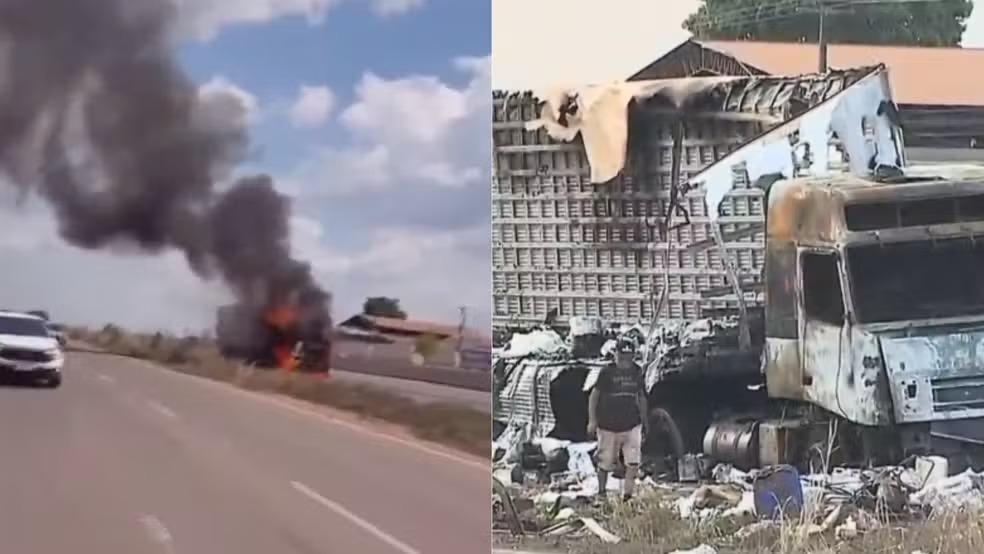 Caminhão com arroz e utensílios pega fogo na BR-010 em Imperatriz
