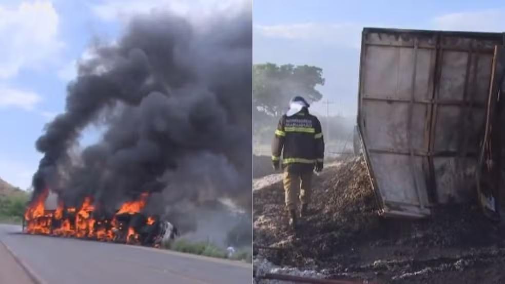 Carreta com caroço de algodão tomba e pega fogo na MA-007