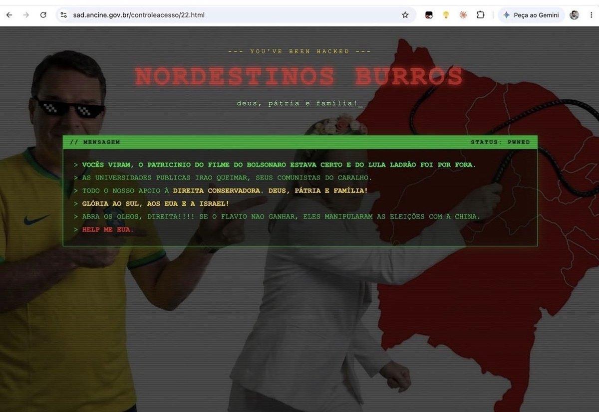 Site da Ancine é hackeado e exibe mensagem contra nordestinos