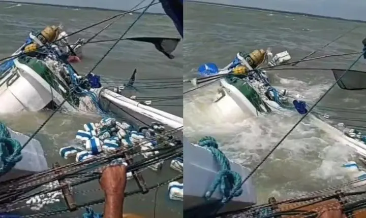 Barco naufraga perto da praia do Atalaia, em Salinópolis, e quatro pescadores são resgatados