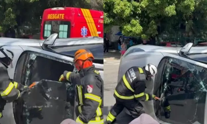 Bombeiros quebram para-brisa para resgatar motorista após capotamento em Belém