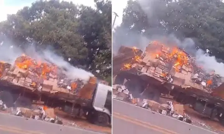 Caminhão carregado com mercadorias pega fogo na BR-222 no MA