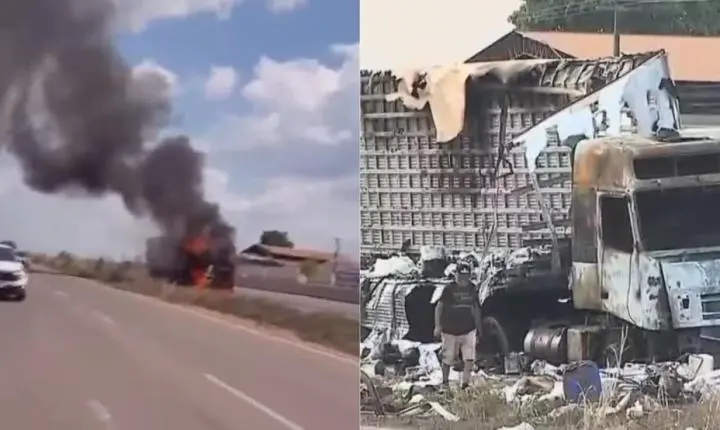 Caminhão com arroz e utensílios pega fogo na BR-010 em Imperatriz
