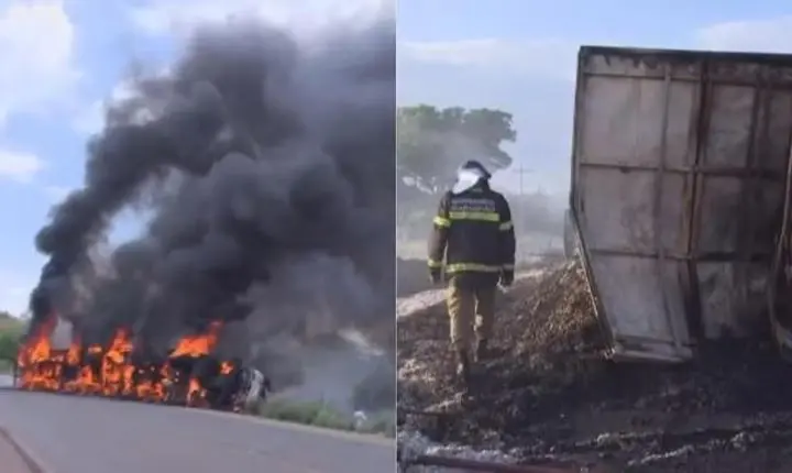Carreta com caroço de algodão tomba e pega fogo na MA-007
