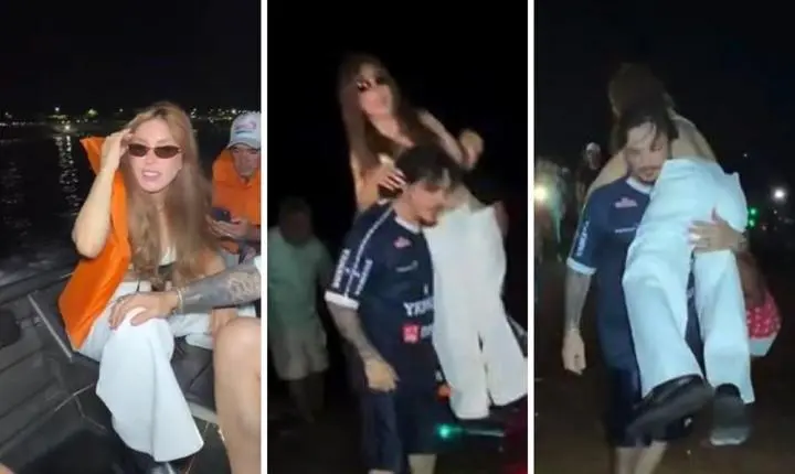 Manu Bahtidão é carregada no colo em Araguatins após travessia de voadeira