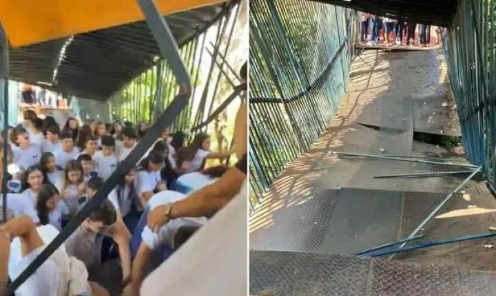 Passarela cede durante passagem de alunos e deixa estudantes pendurados em Araguaína